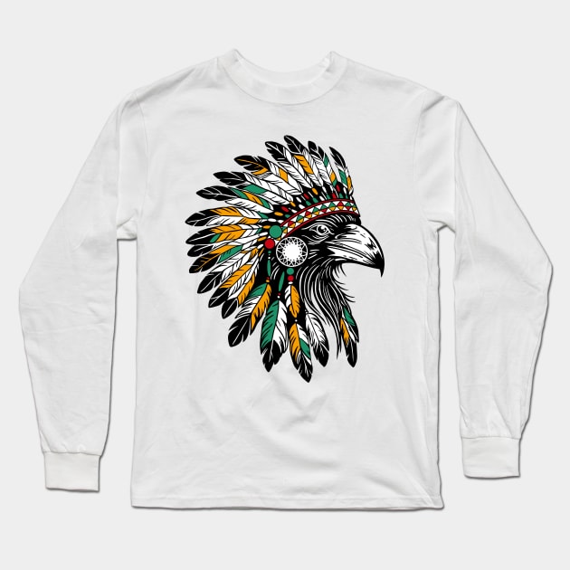 head of a raven wearing a traditional Indian feather headdress Long Sleeve T-Shirt by InshynaArt